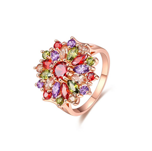 Rose Goldtone Multi Colored Cubic Zirconia Floral Statement Ring