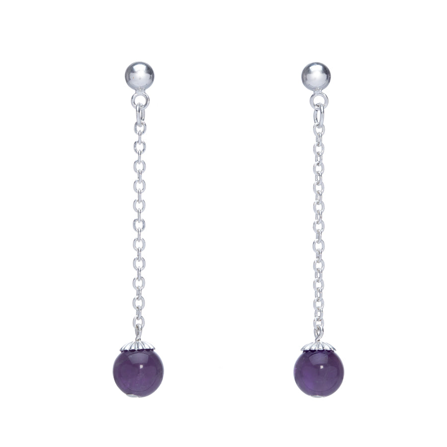 Purple Beaded Silvertone Chain Drop Earrings
