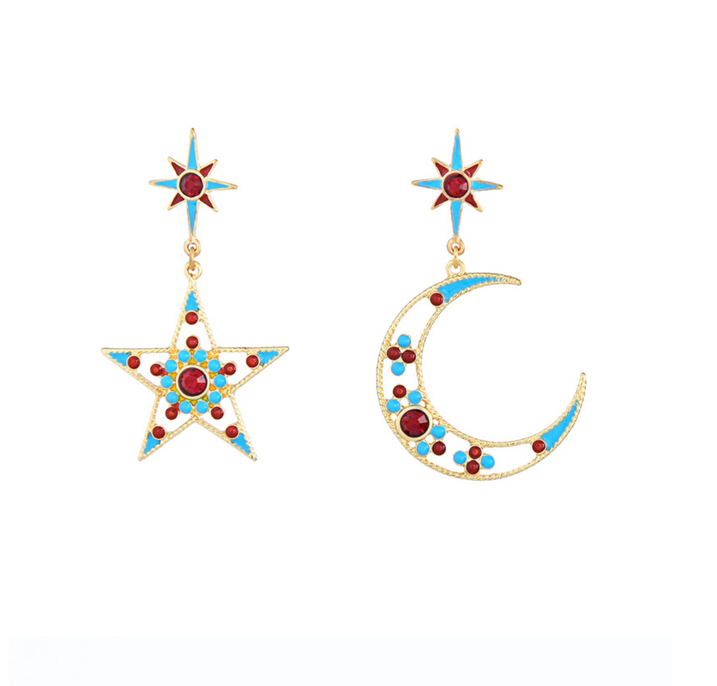 Blue Red Crystal Moon And Star Drop Earrings