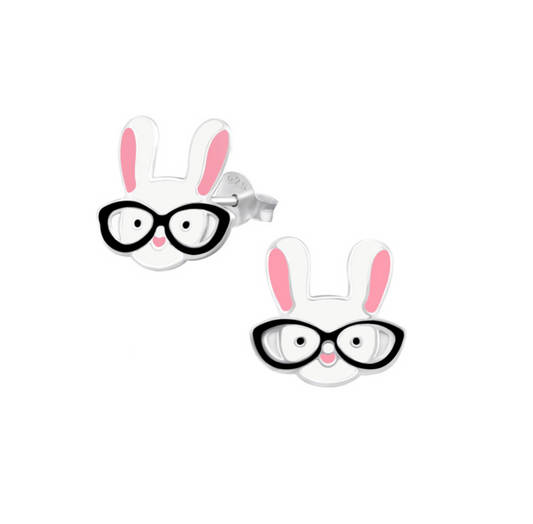 Bunny Rabbit With Glasses Sterling Silver Stud Earrings