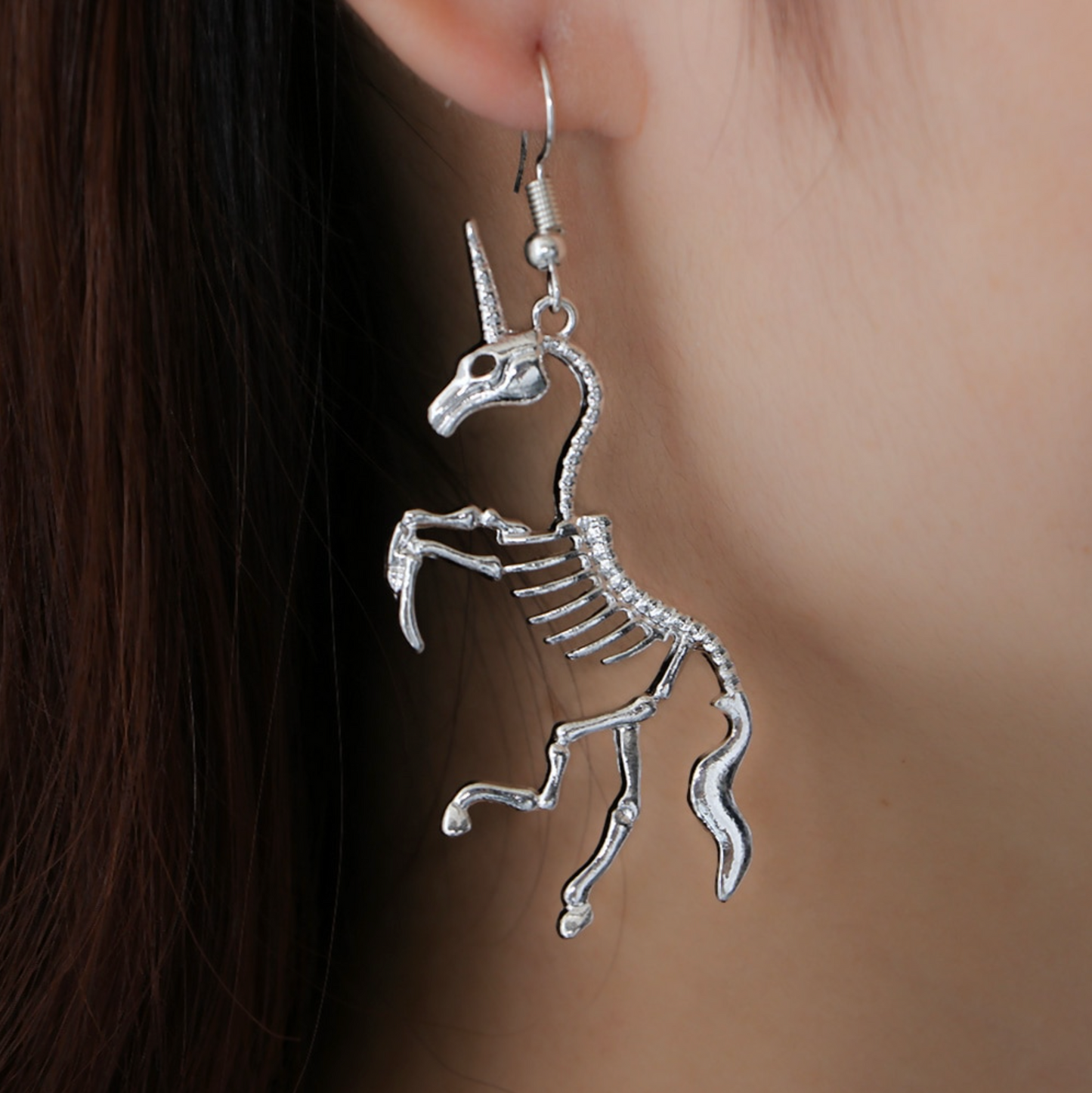 Silvertone Unicorn Skeleton Drop Earrings