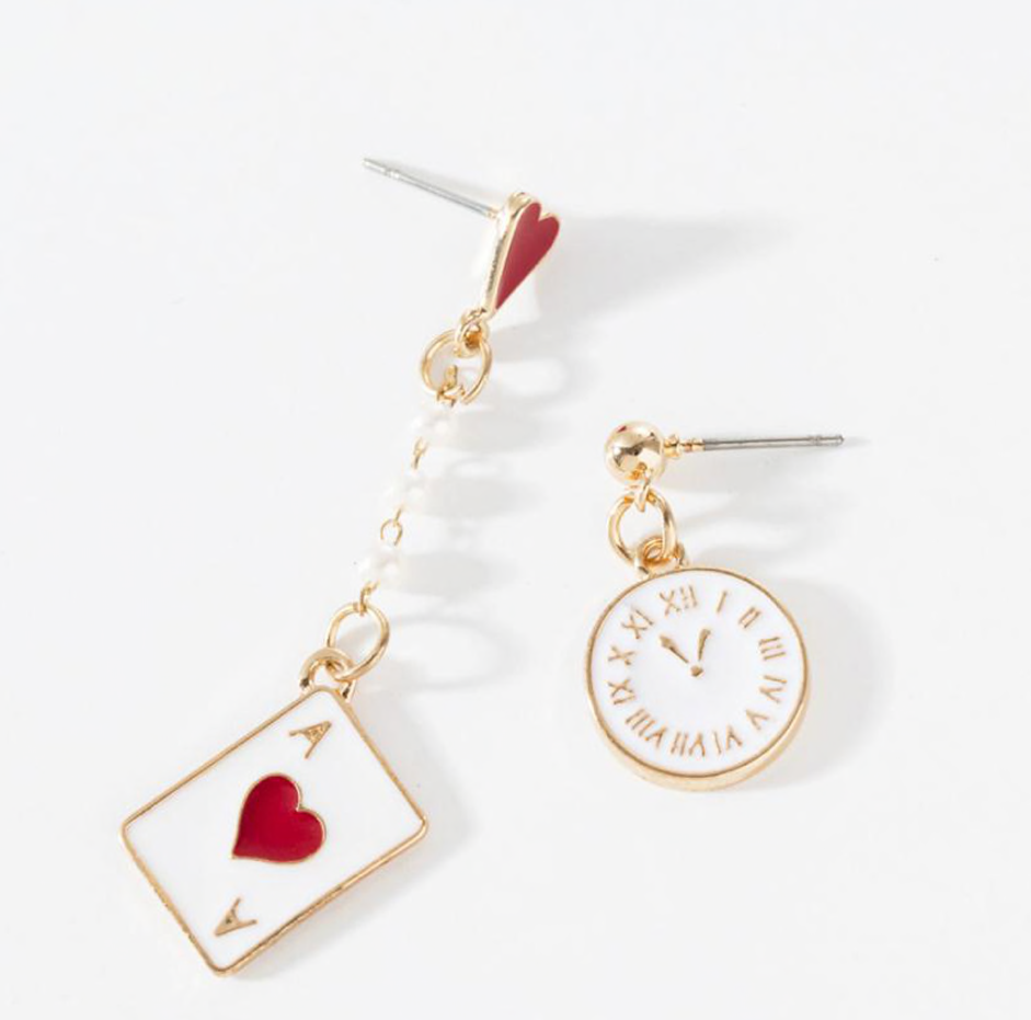 Asymmetrical Ace Of Hearts Clock Drop Earrings