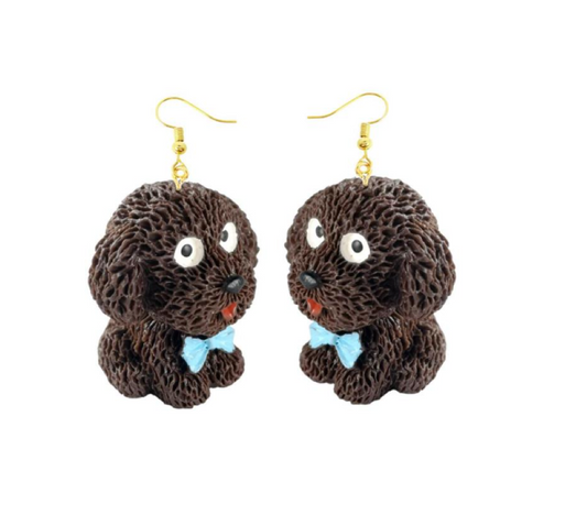 Brown Puppy Dog With Blue Bowtie Drop Earrings