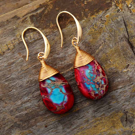 Red Blue Jasper Oval Gemstone Drop Earrings