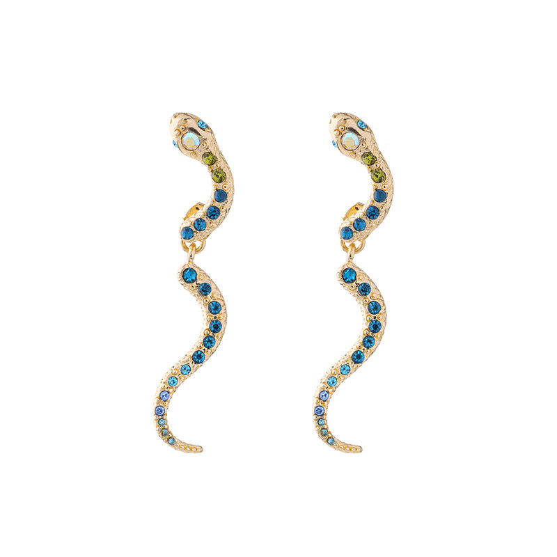 Goldtone Blue Crystal Snake Earrings