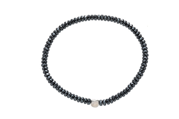 Black Beaded Silvertone Stretch Bracelet