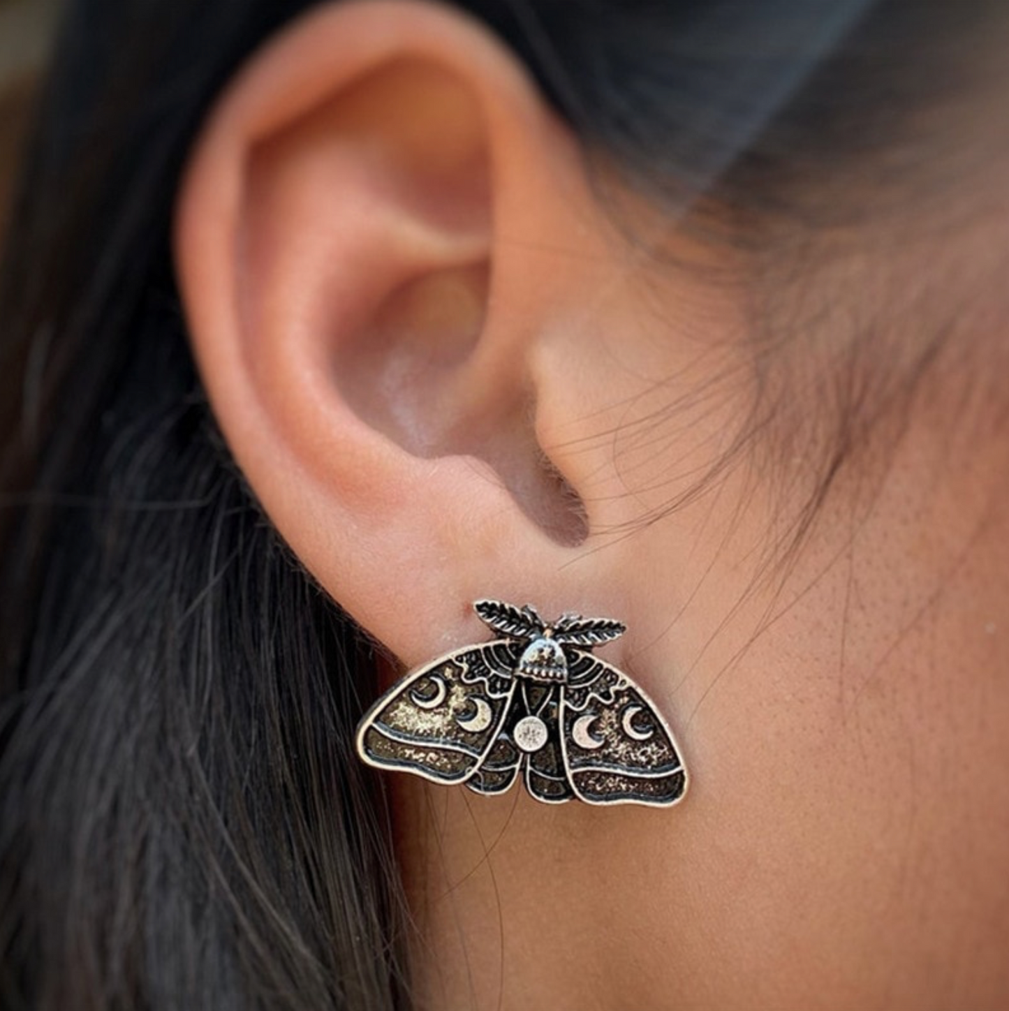 Black Lunar Phases Butterfly Stud Earrings