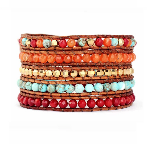 Red Turquoise Natural Stone Beaded Leather Wrap Bracelet