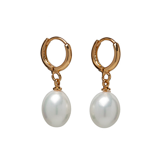 Goldtone Shell Pearl Huggie Hoop Drop Earrings