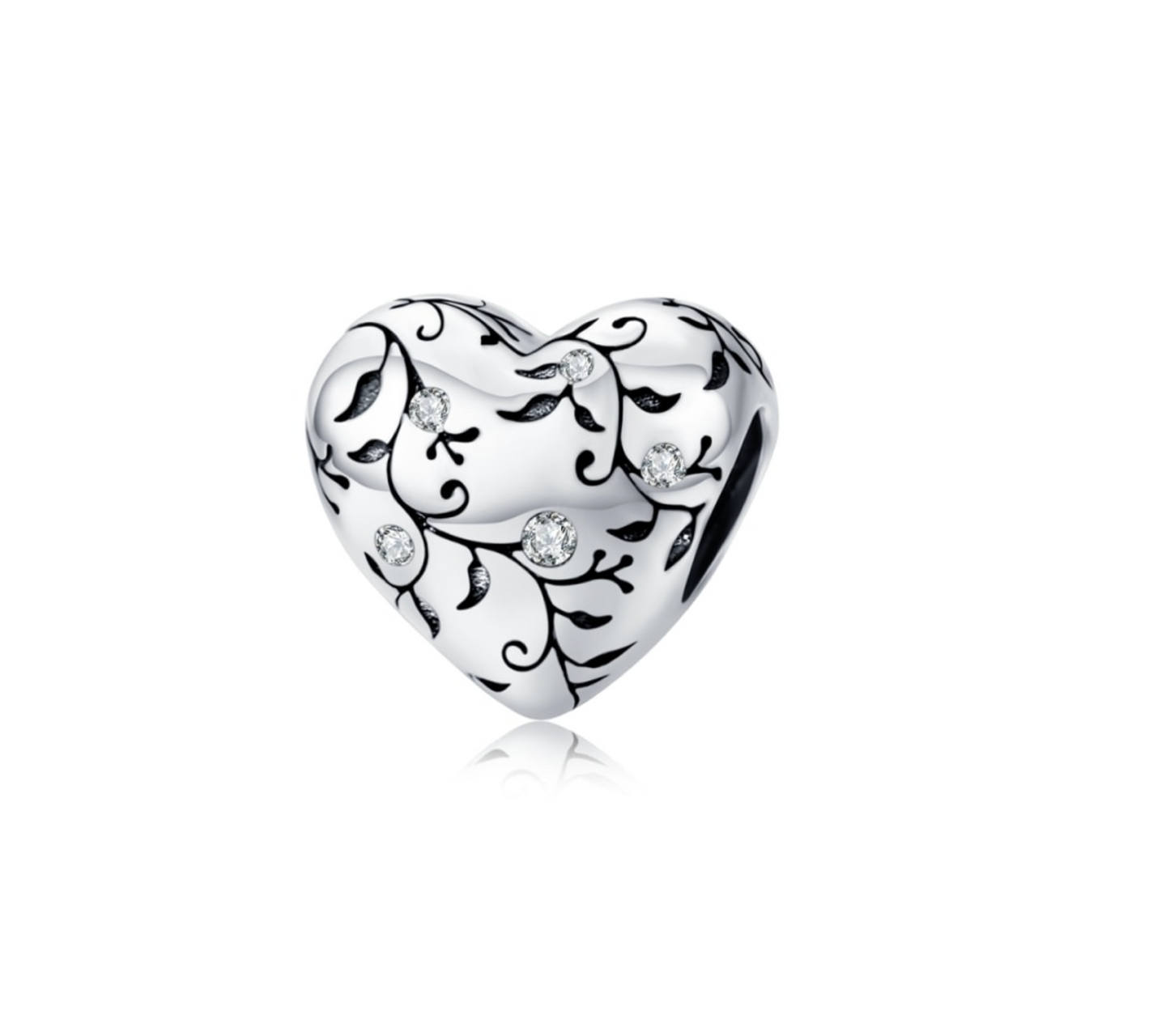 Sterling Silver Greenery Cubic Zirconia Heart Charm Bead