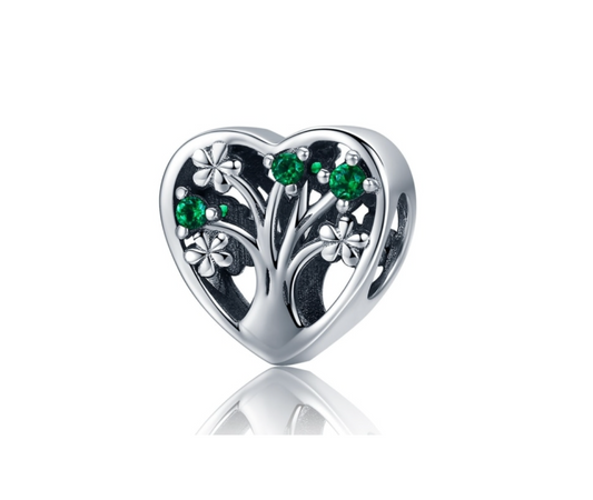 Sterling Silver Green Cubic Zirconia Heart And Tree Charm Bead