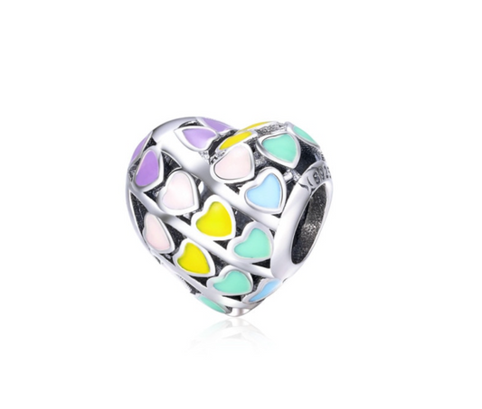 Sterling Silver Pastel Multi Colored Hearts Charm Bead