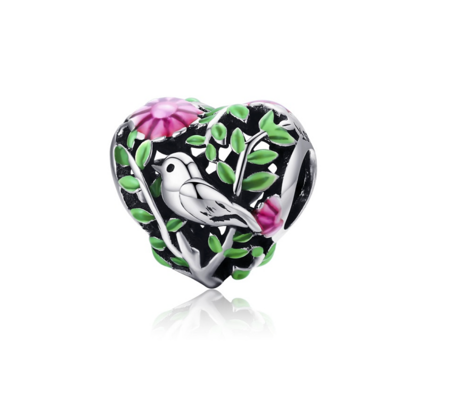 Sterling Silver Green Leaves Pink Flower With Bird Heart Charm Bead