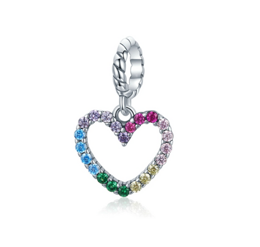 Sterling Silver Multi Colored Cubic Zirconia Open Heart Dangle Charm Bead