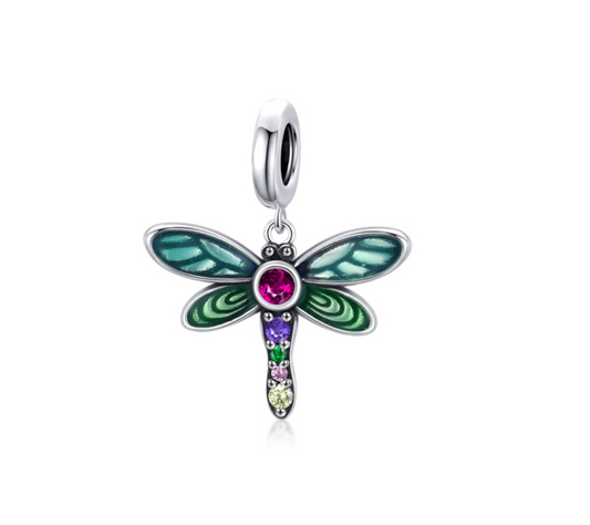 Sterling Silver Multi Colored Dragonfly Cubic Zirconia Dangle Charm Bead