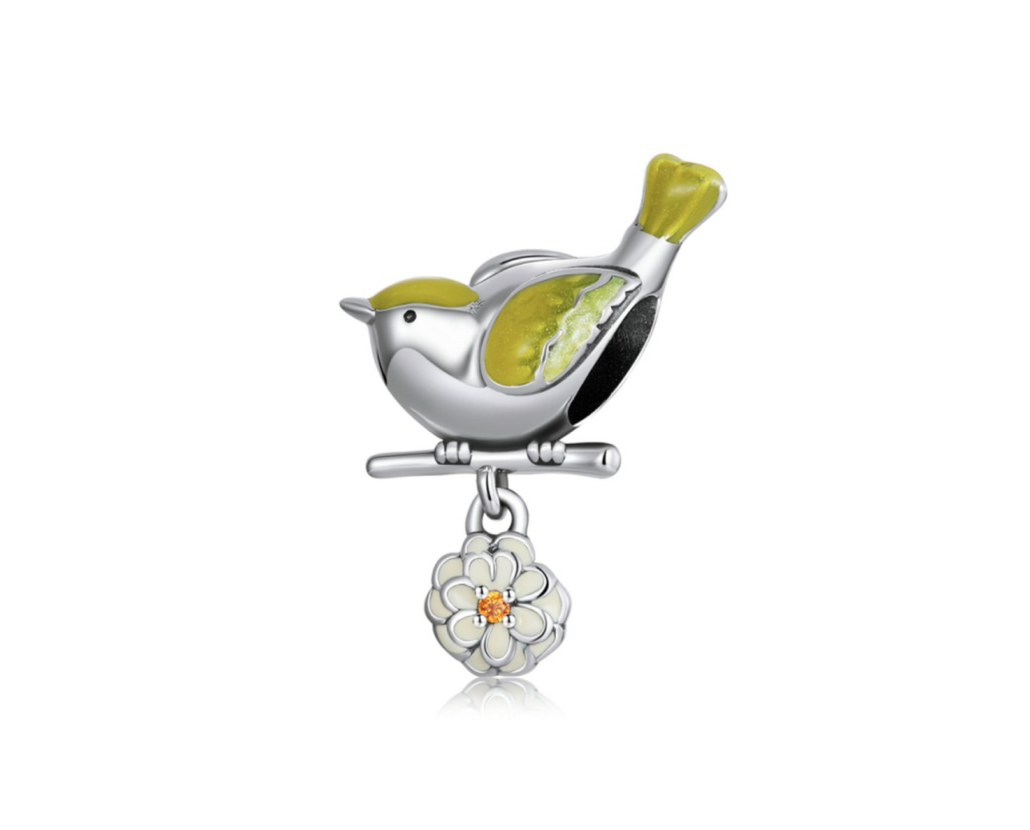 Sterling Silver White Floral Green Bird Dangle Charm Bead