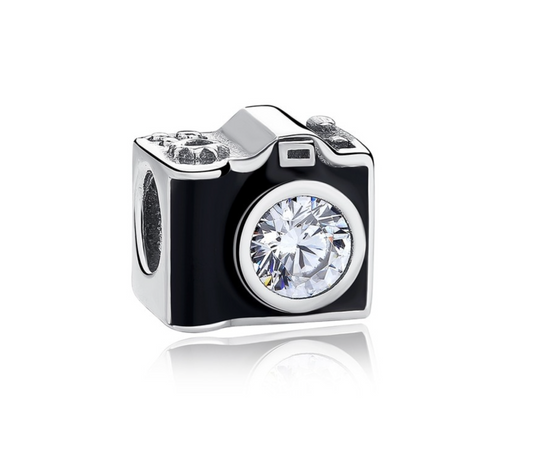 Sterling Silver Black Cubic Zirconia Camera Charm Bead