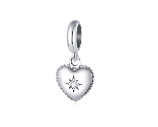 Sterling Silver Heart With Cubic Zirconia Star Dangle Charm Bead