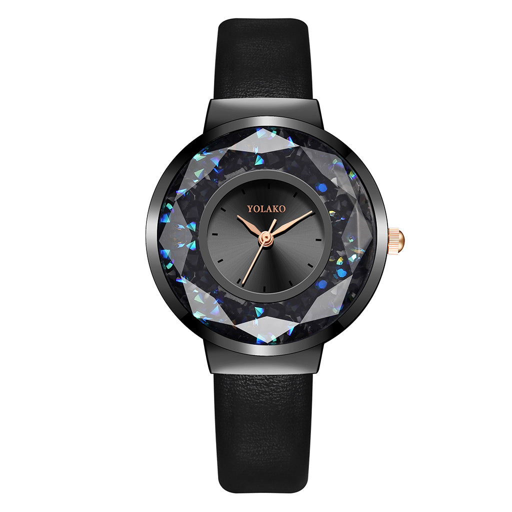 Black Geometric Loose Iridescent Crystal Faux-leather Strap Watch