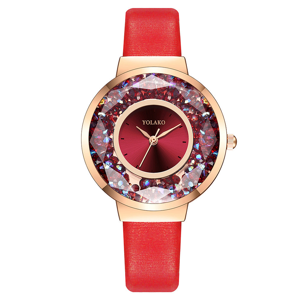Red Geometric Loose Iridescent Crystal Faux-leather Strap Watch