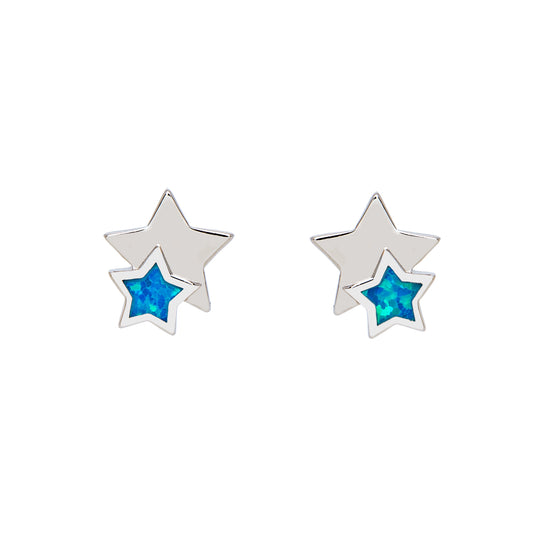 Sterling Silver Blue Opal Dual Star Stud Earrings