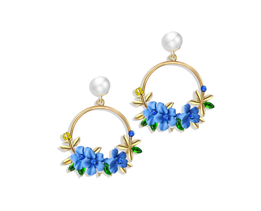 Goldtone & Blue Floral Drop Earrings