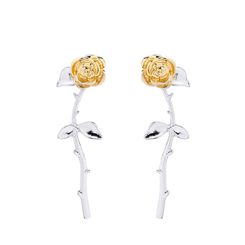 Two-tone rose earrings with goldtone flowers and silver-colored stems