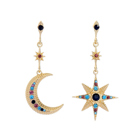 Goldtone Blue Star And Moon Drop Earrings