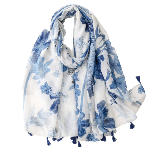 Blue And White Tropical Flower Scarf