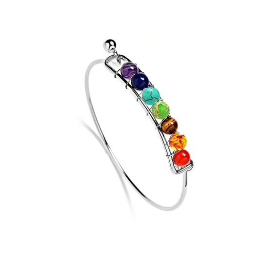 Rainbow Gemstone Silvertone Beaded Bangle