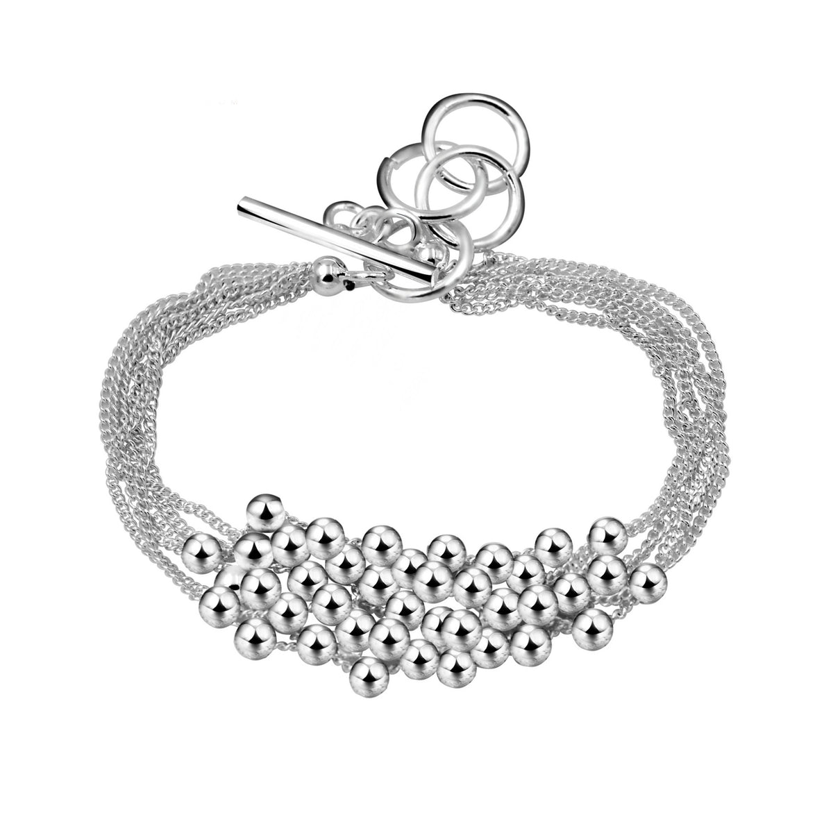 Silver-coloured multi-strand bracelet with clustered round bead details and toggle clasp