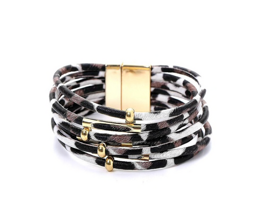 Brown Leopard Goldtone Beaded Multi Strand Bracelet