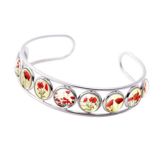 Silvertone Red Floral Vintage Button Bracelet