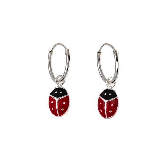 Sterling Silver Red Ladybug Huggie Hoop Earrings