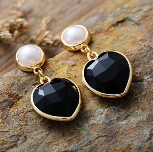 Goldtone Onyx Heart Imitation Pearl Drop Earrings