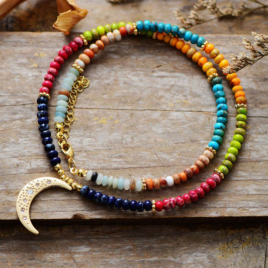 Multi Colored Jasper Beaded Necklace With Crescent Moon