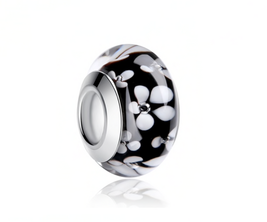 Sterling Silver Black White Floral Glass Bead Charm