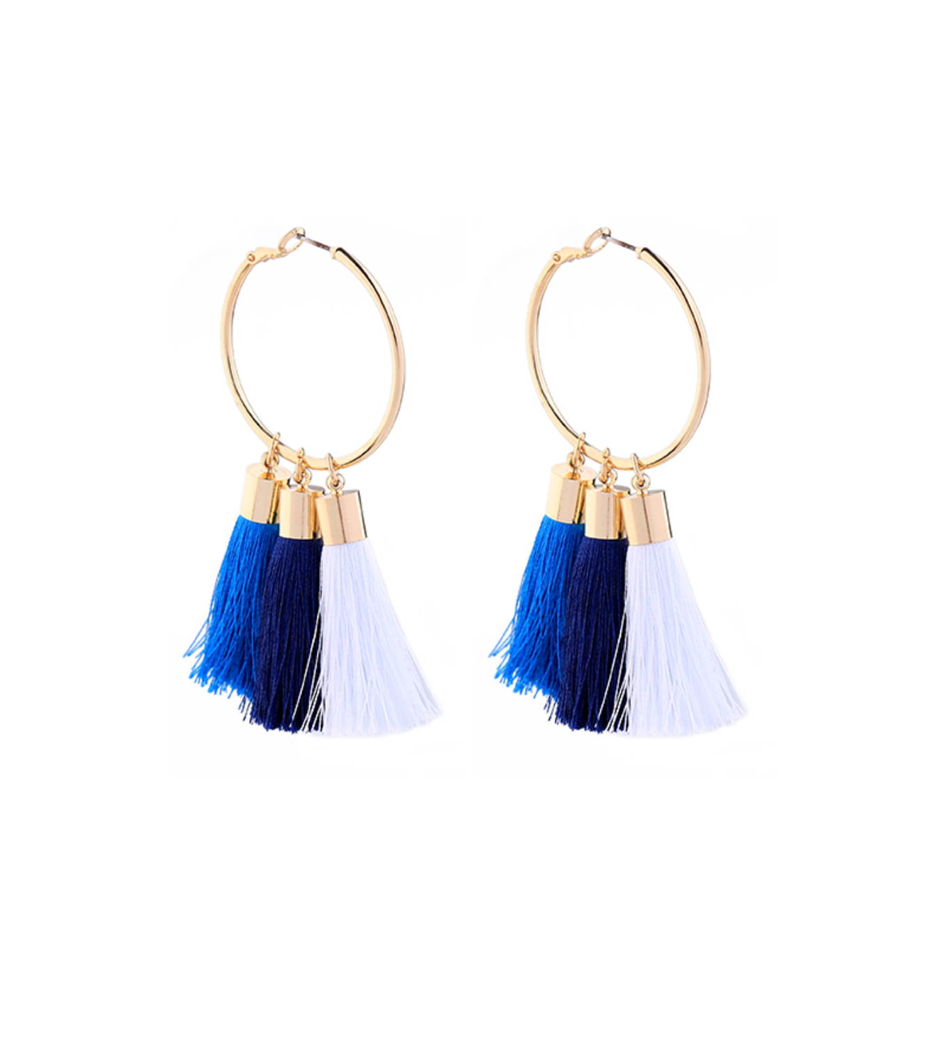 Blue White Tasseled Hoop Earrings