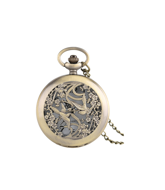 Goldtone Hummingbird Floral Pocket Watch