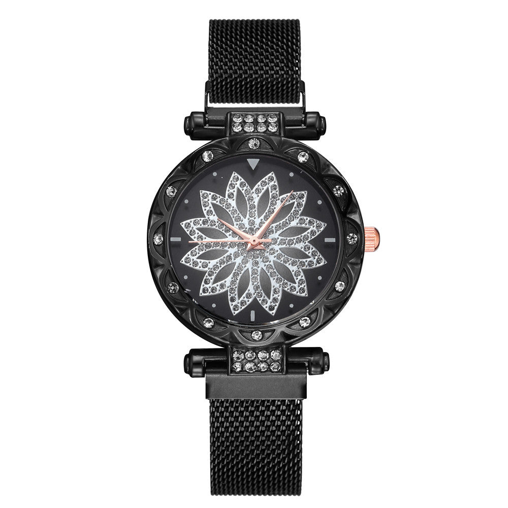 Black Crystal Flower Mesh Bracelet Watch