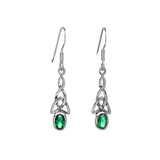 Sterling Silver Emerald Cubic Zirconia Celtic Drop Earrings