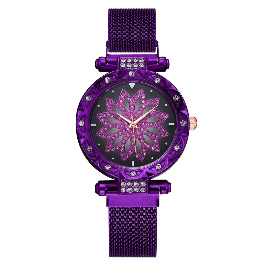 Purple Clear Crystal Flower Watch With Rose Gold Accents