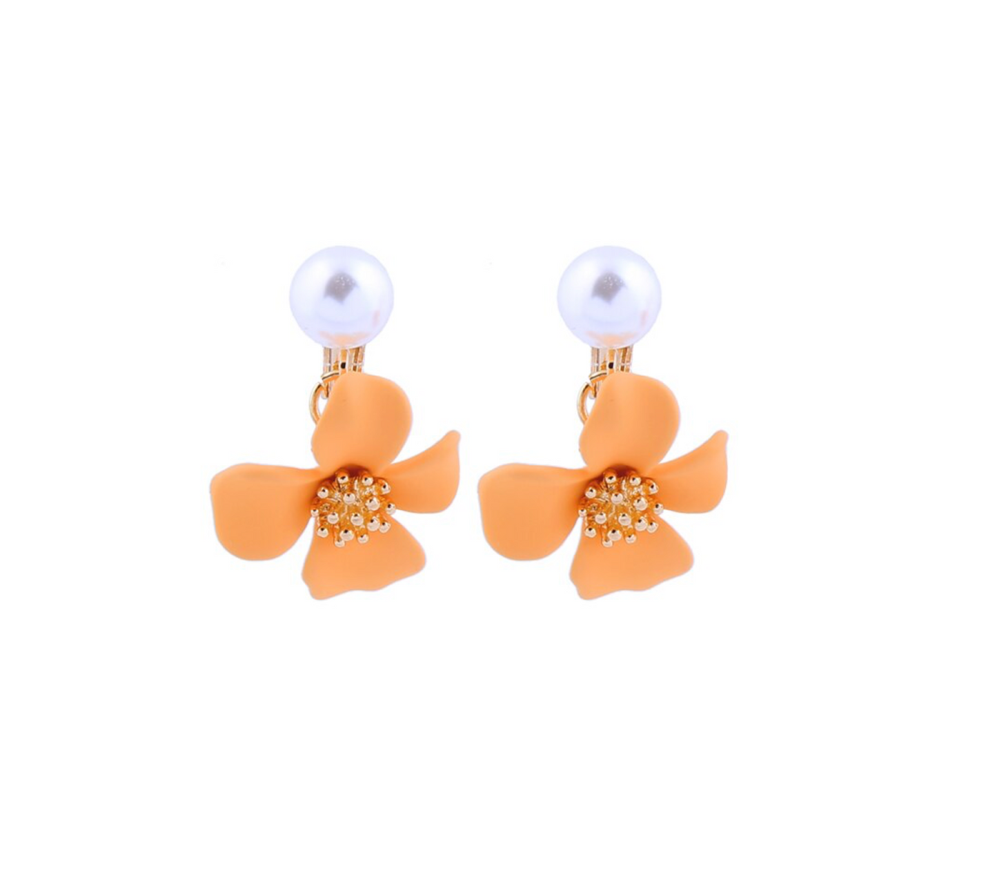 Faux Pearl & Orange Daffodil Drop Earrings