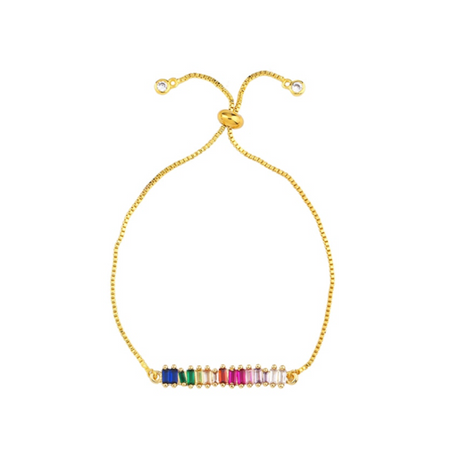 Goldtone Multi Colored Cubic Zirconia Baguette Adjustable Bracelet