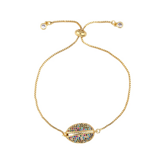 Goldtone Multi Colored Cubic Zirconia Pave Shell Adjustable Bracelet