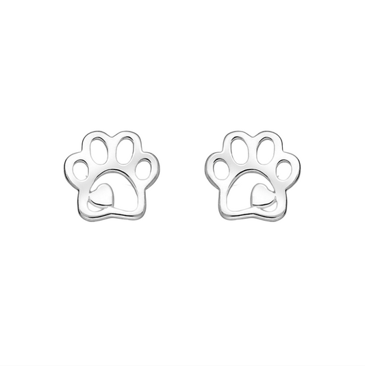 Sterling Silver Paw Print And Heart Open Stud Earrings