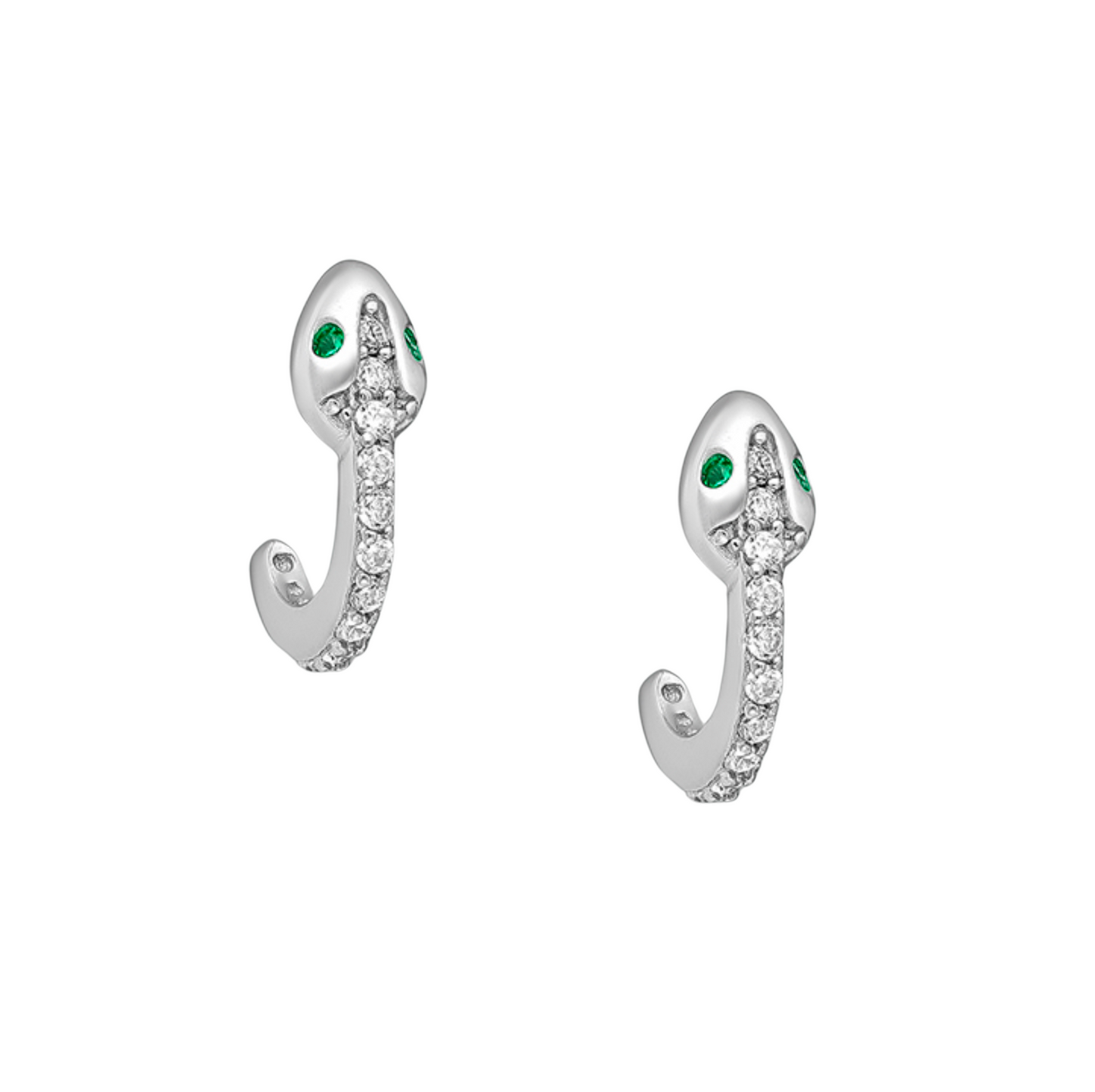 Sterling Silver Cubic Zirconia Snake With Green Eyes Stud Earrings