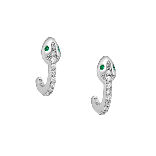 Sterling Silver Cubic Zirconia Snake With Green Eyes Stud Earrings