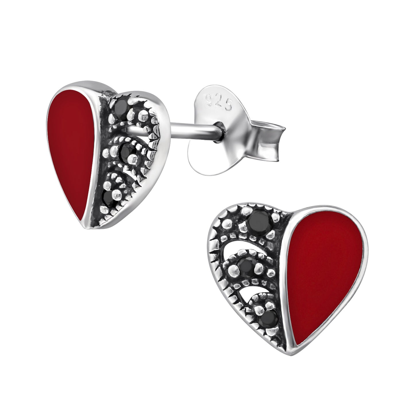 Sterling Silver Red Heart Black Cubic Zirconia Stud Earrings
