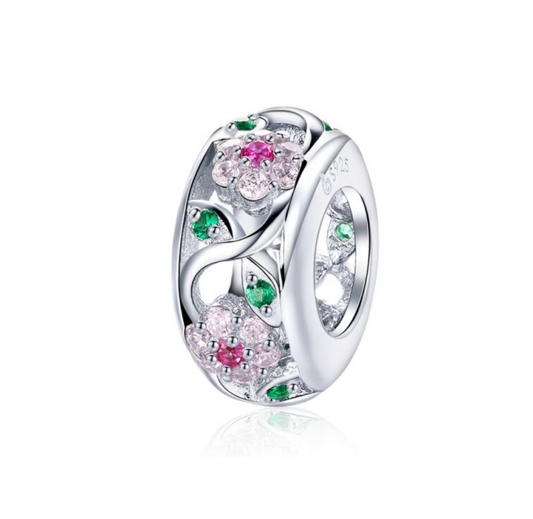 Sterling Silver Pink Green Cubic Zirconia Floral Charm Bead